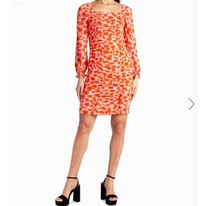 Nicole Miller Chiffon Runched Square Neck Floral Dress